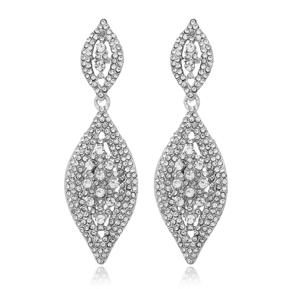 Silver Crystal Chandelier Drops Clip On Dangling Earrings