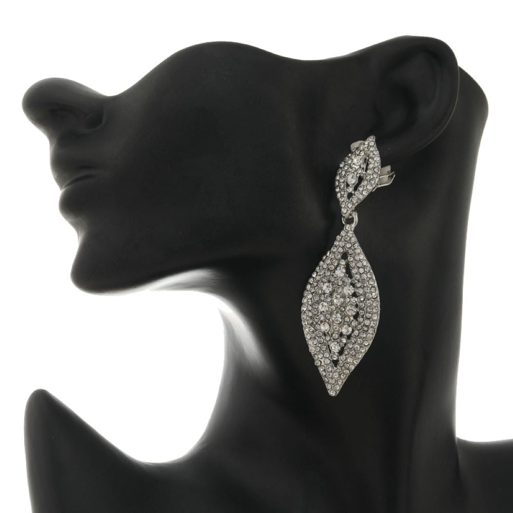 Silver Crystal Chandelier Drops Clip On Dangling Earrings