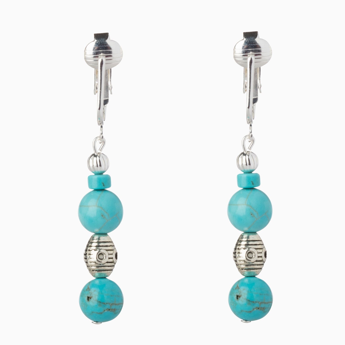 Turquoise Beaded Silver Clip On Dangling Earrings