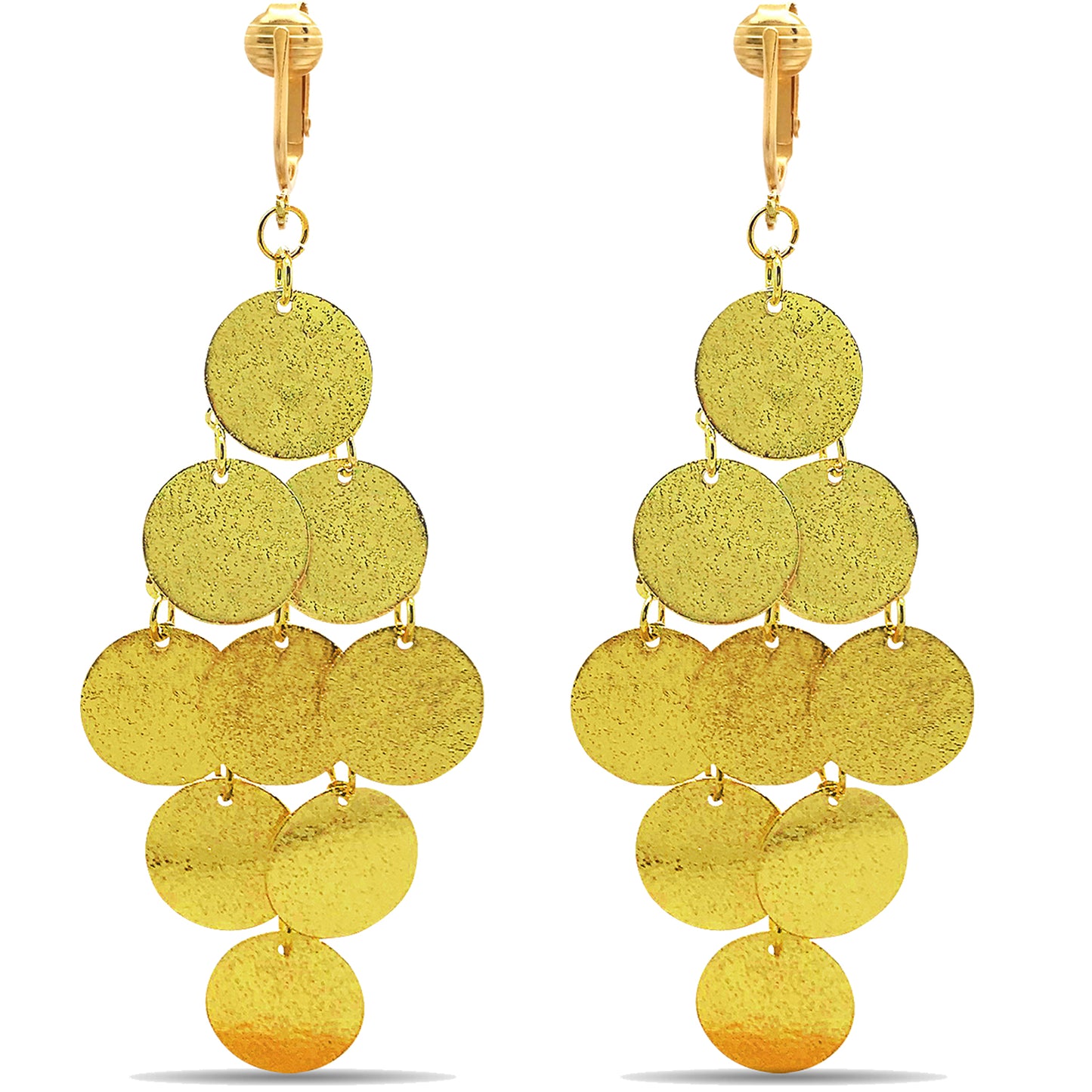 Gold Glitter Round Layered Clip On Dangling Earrings