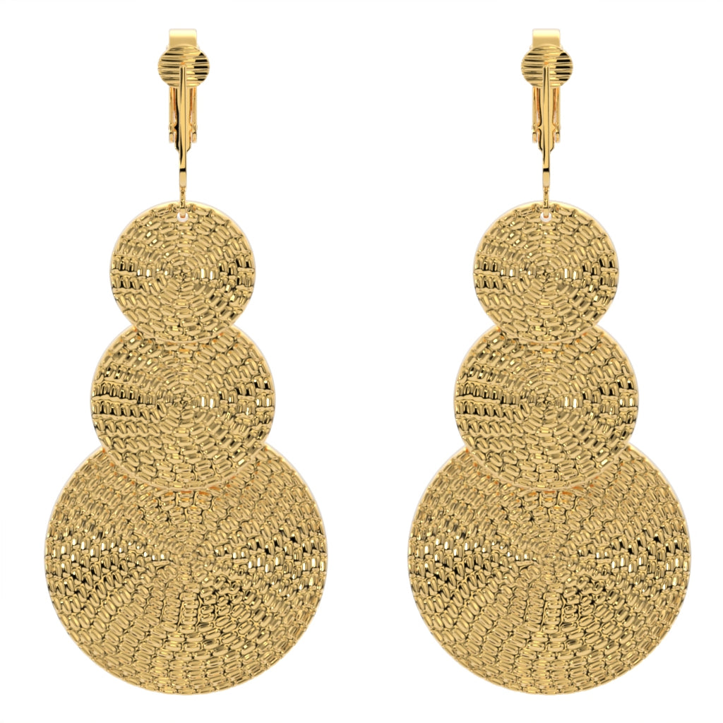 Gold Textured Triple Circle Clip On Dangling Earrings