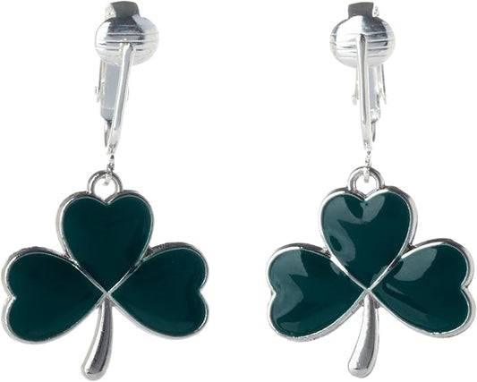 Green Irish Lucky Clover Clip On Dangling Earrings