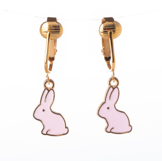 Pink Bunny Gold Clip On Dangling Earrings