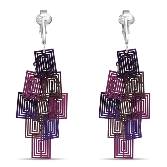 Silver Multi Layer Rectangles Clip On Dangling Earrings