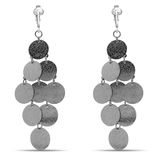 Silver Glitter Round Layered Clip On Dangling Earrings