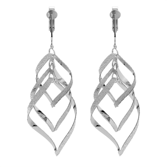 Large Silver Sparkle Triple Twist Clip On Dangling Earrings