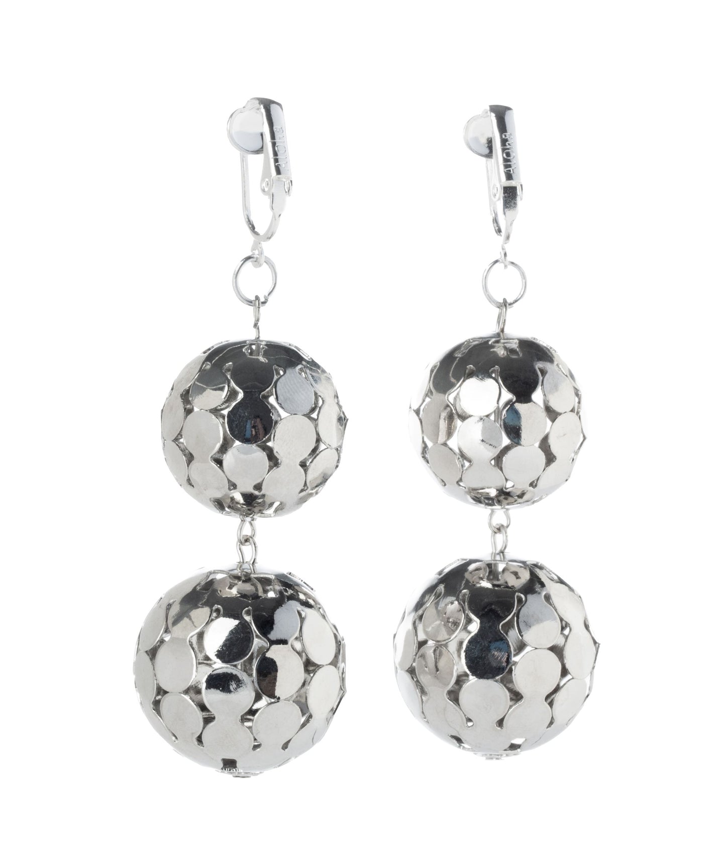 Silver Filigree Balls Clip On Dangling Earrings