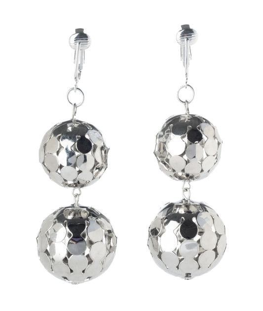 Silver Filigree Balls Clip On Dangling Earrings