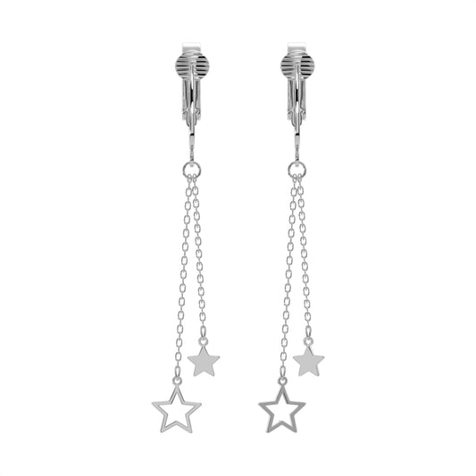 Silver Double Chains with Star Ends Clip On Dangling Earrings