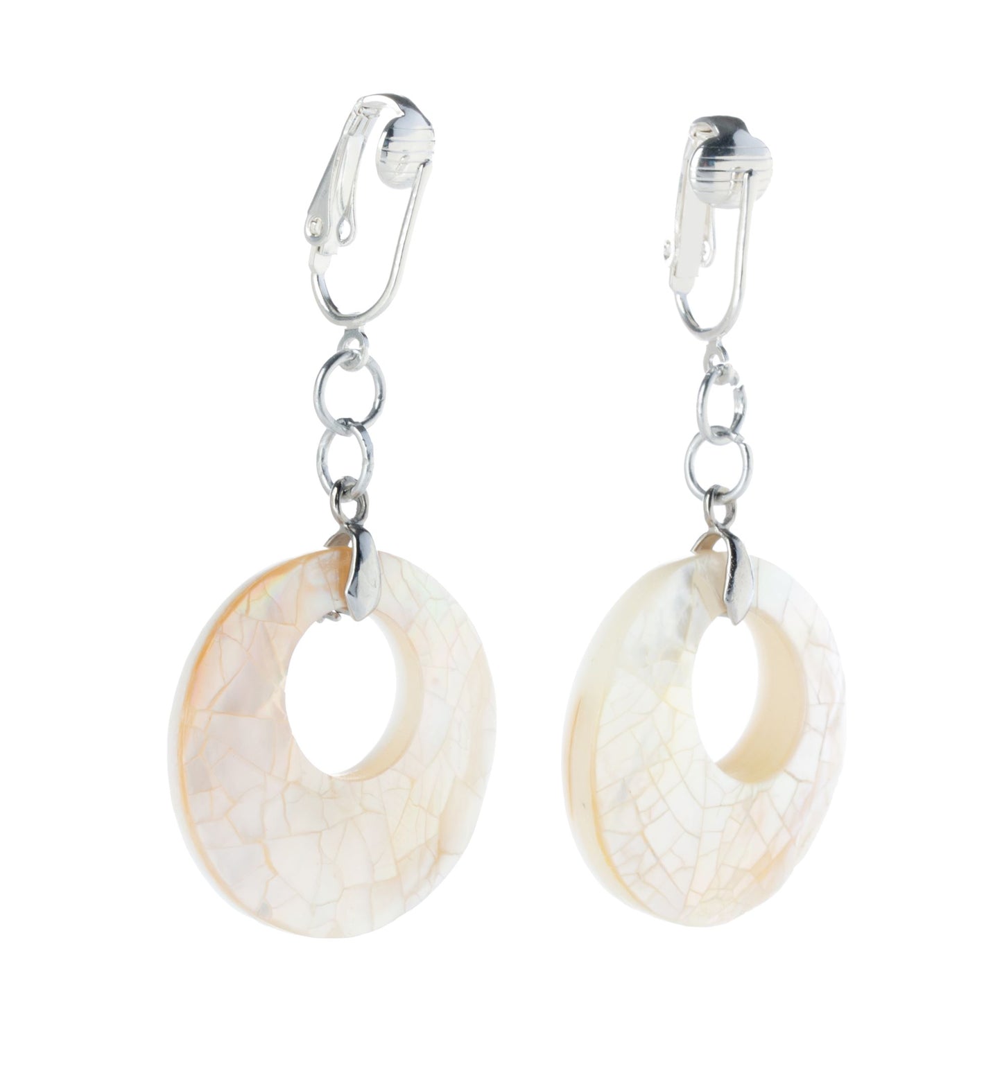 White Mother of Pearl Oval Clip On Dangling Earrings