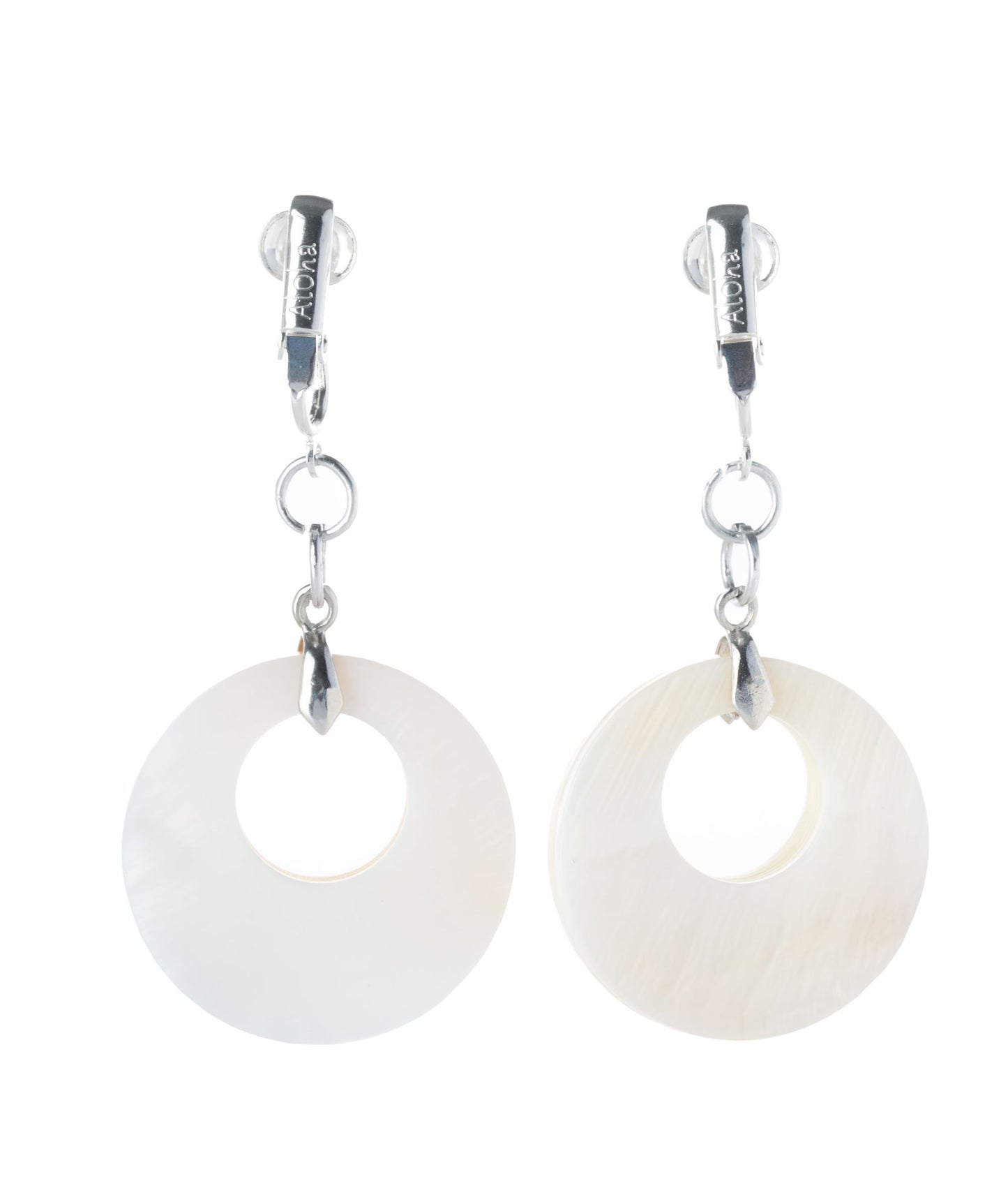 White Mother of Pearl Oval Clip On Dangling Earrings