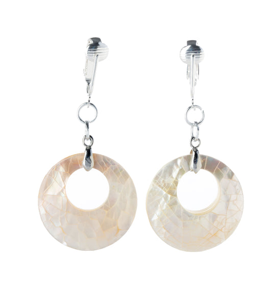 White Mother of Pearl Oval Clip On Dangling Earrings