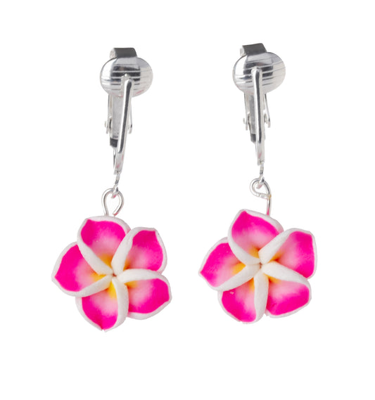 Small Pink Plumeria Flower Clip On Dangling Earrings