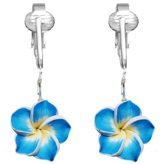 Small Blue Plumeria Flower Clip On Dangling Earrings