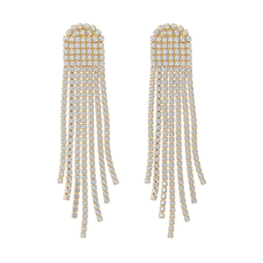 Gold Crystal Tassel Clip On Statement Dangling Earrings