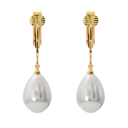 Gold Teardrop Shaped Simulated Freshwater Pearl Clip On Dangling Earrings