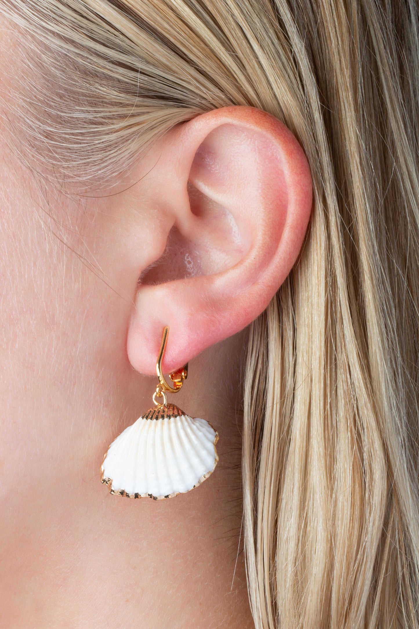 Gold Shell Clip On Dangling Earrings