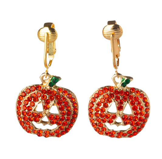 Crystal Jack-O'-Lantern Gold Clip On Dangling Earrings