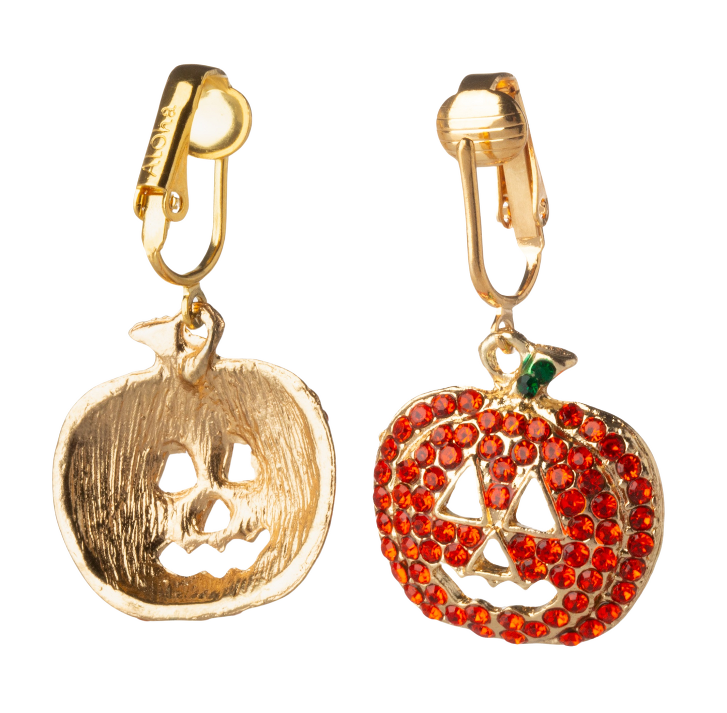 Crystal Jack-O'-Lantern Gold Clip On Dangling Earrings