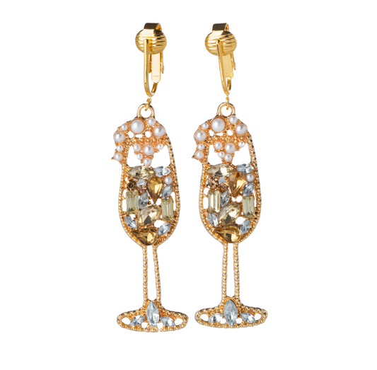 Gold Champagne Glasses Clip On Statement Dangling Earrings