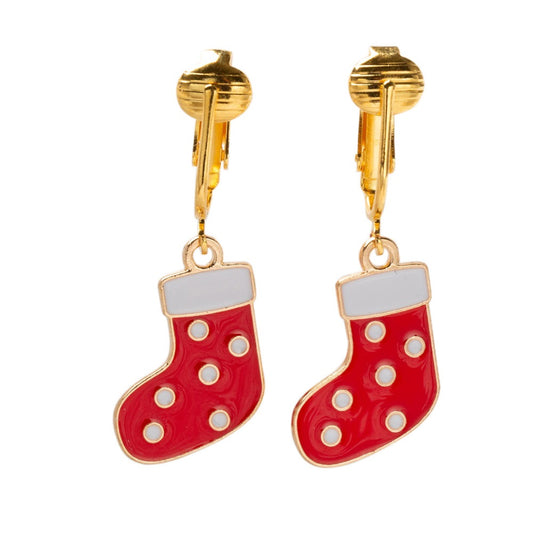 Stocking Gold Clip On Dangling Earrings