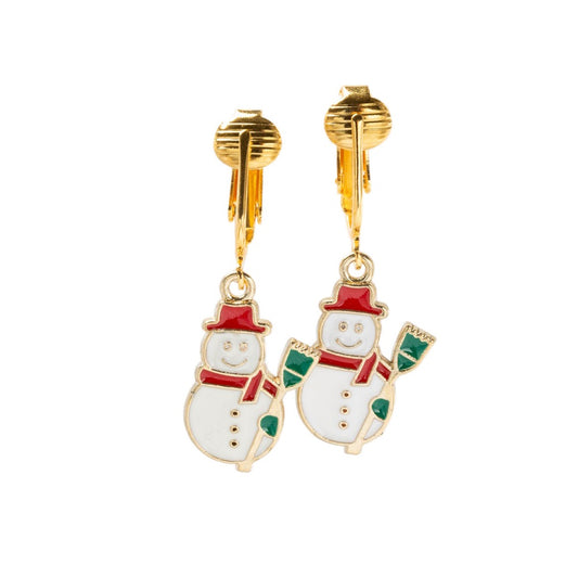 Snowman Gold Clip On Dangling Earrings