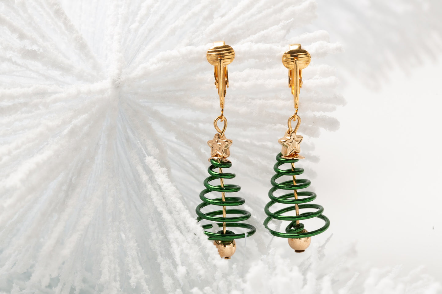 Spiral Christmas Trees Clip On Dangling Earrings