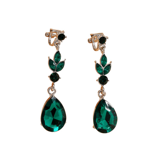 Green Crystal Filigree Teardops Clip On Dangling Earrings