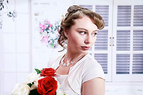 Silver Flower Clip On Dangling Earrings with Matching Necklace