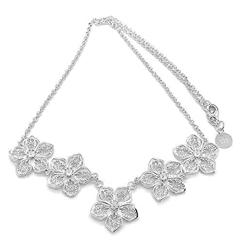 Silver Flower Clip On Dangling Earrings with Matching Necklace