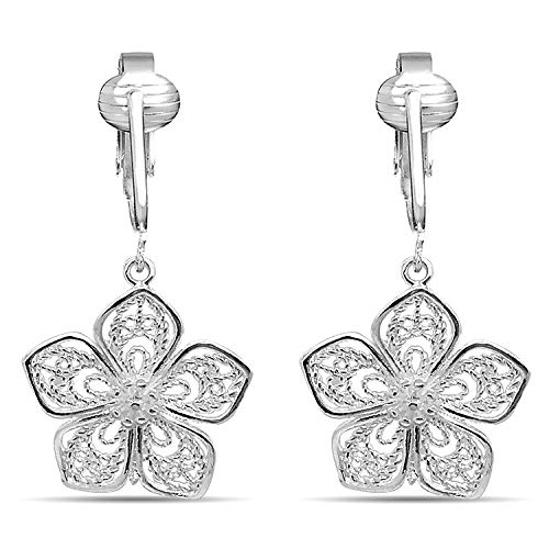 Silver Flower Clip On Dangling Earrings with Matching Necklace