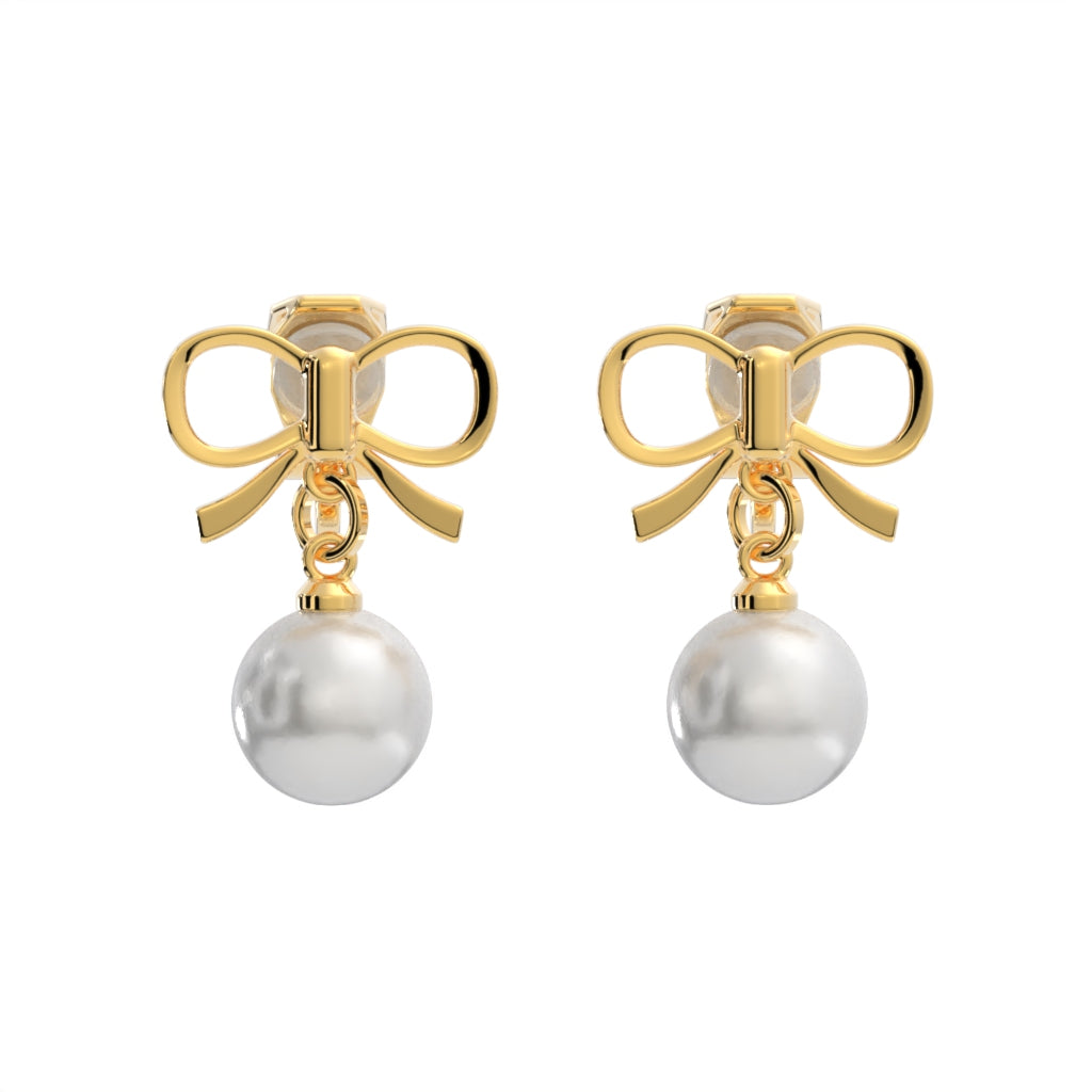 Gold Bow with Dangling Simulated Pearls Clip On Stud Earrings