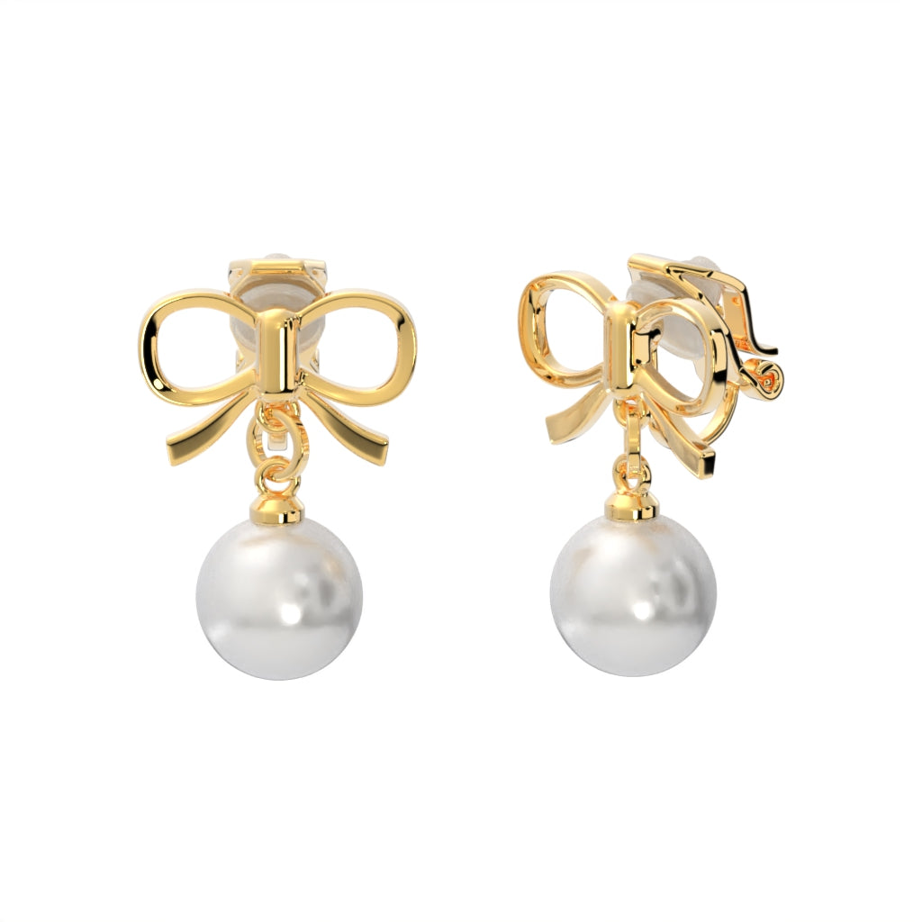 Gold Bow with Dangling Simulated Pearls Clip On Stud Earrings