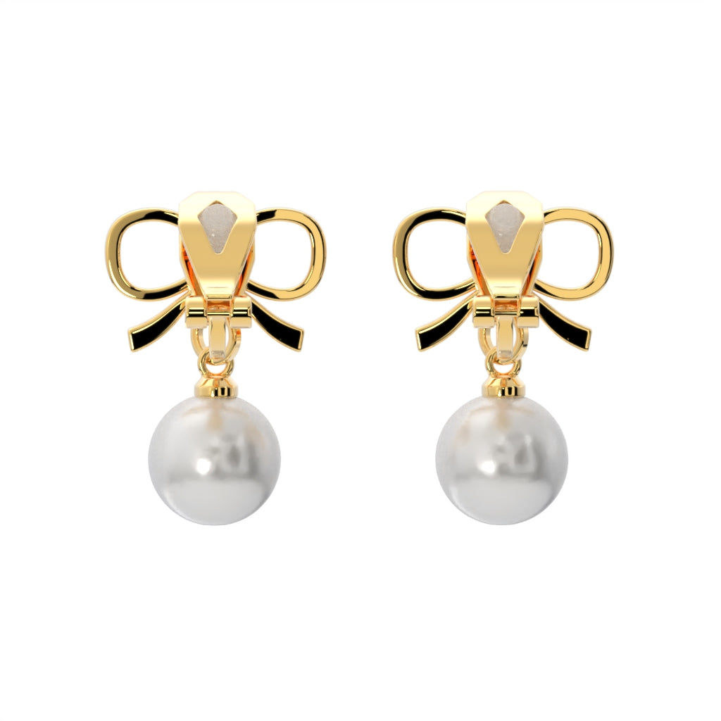 Gold Bow with Dangling Simulated Pearls Clip On Stud Earrings