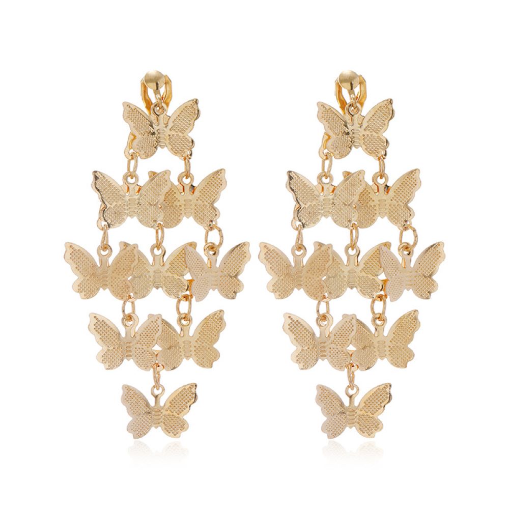 Gold Layered Butterfly Clip On Dangling Earrings