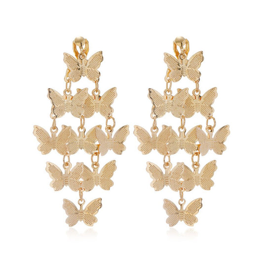 Gold Layered Butterfly Clip On Dangling Earrings