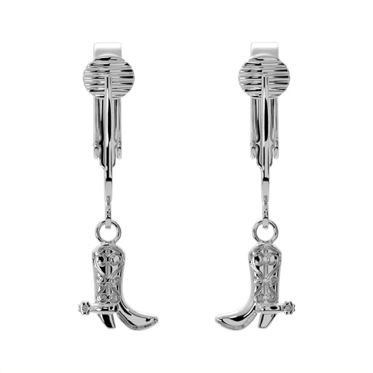 Silver Cowboy Boots Clip On Dangling Earrings