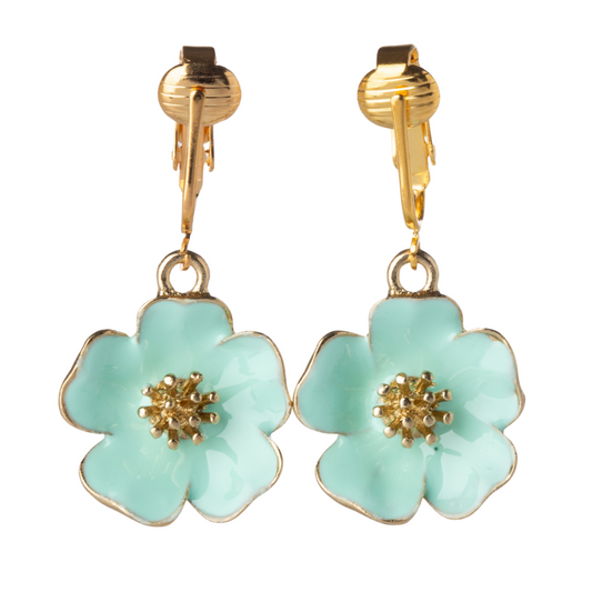 Gold Enamel Flower Clip On Dangling Earrings