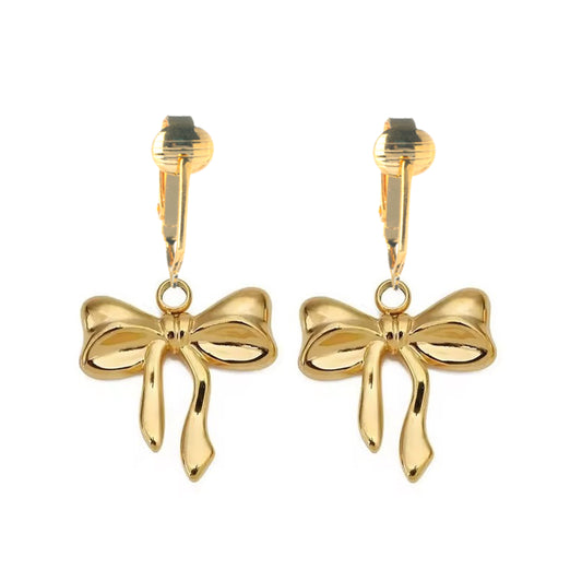 Gold Bow Clip On Dangling Earrings