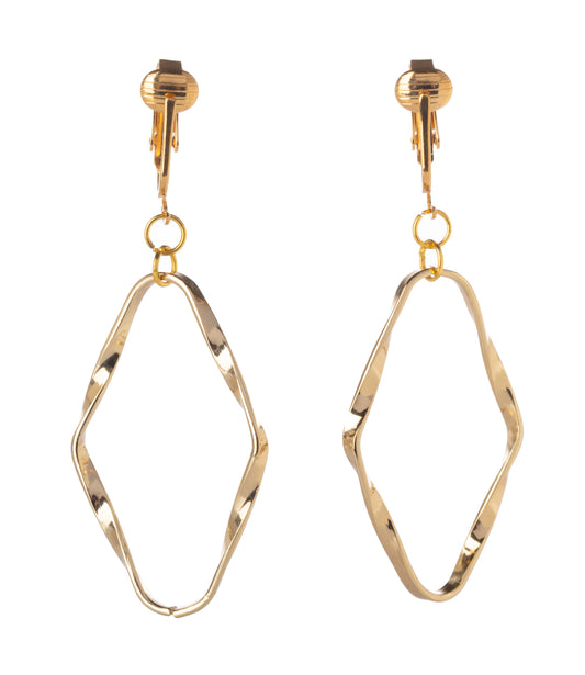 Gold Sculpted Oval Clip On Dangling Earrings