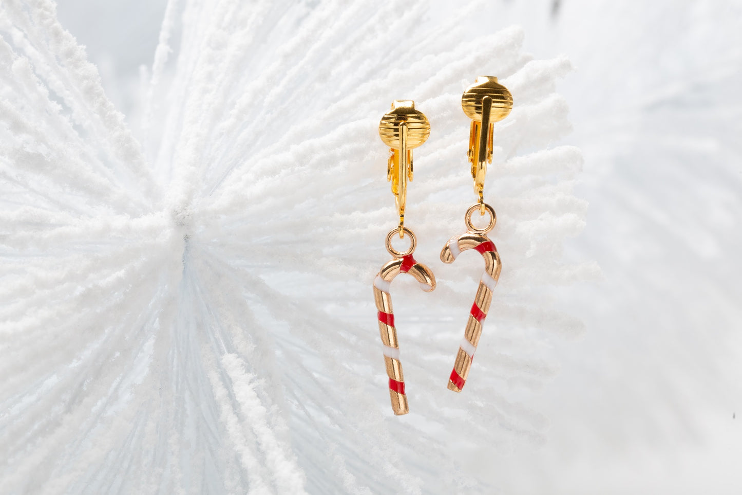 Candy Cane Gold Clip On Dangling Earrings