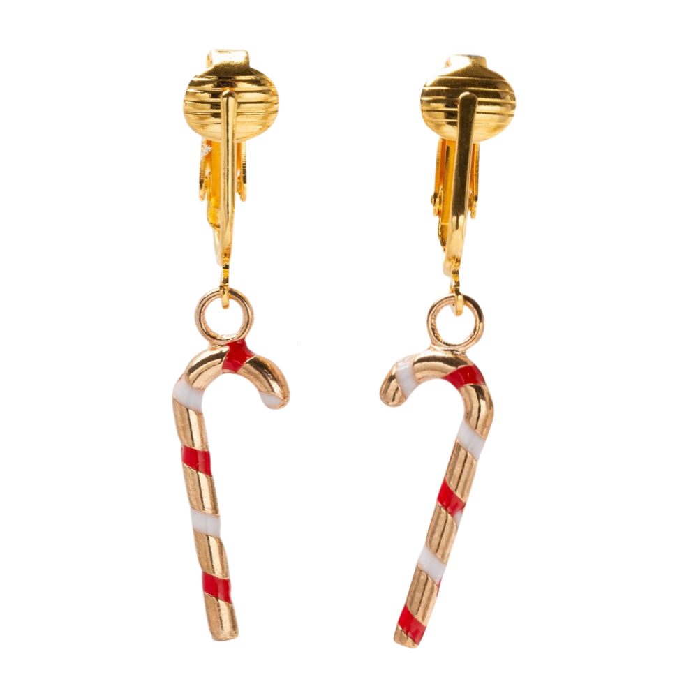 Candy Cane Gold Clip On Dangling Earrings