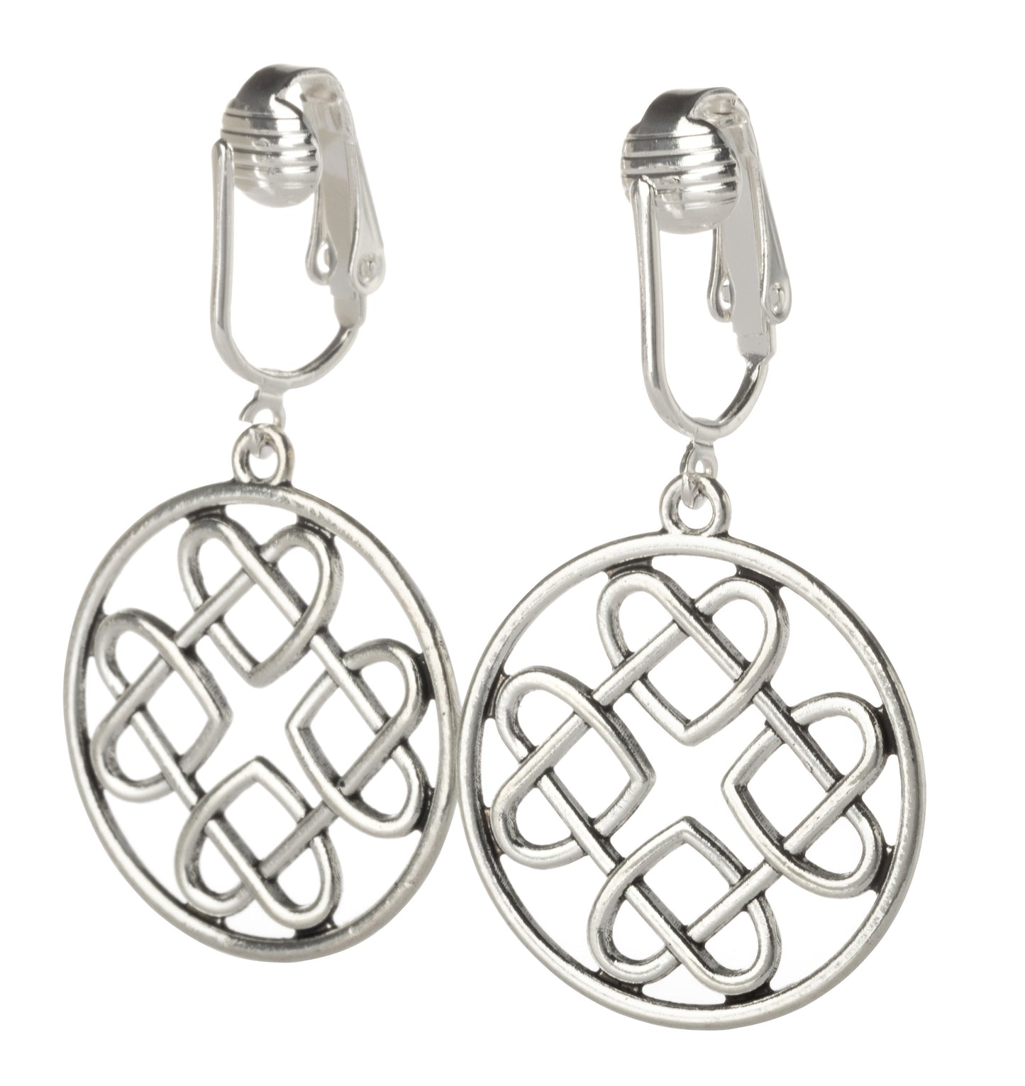 Silver Celtic Hearts Clip On Dangling Earrings