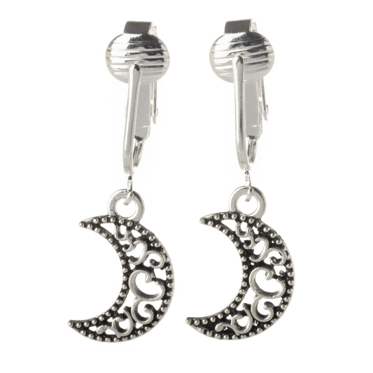 Silver Celtic Moon Clip On Dangling Earrings