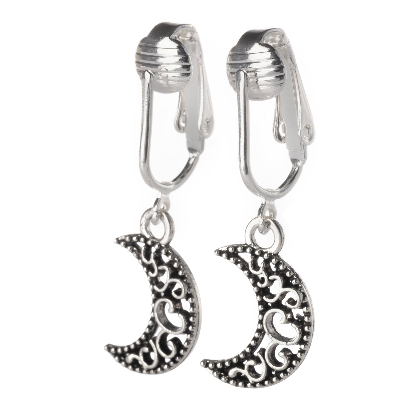 Silver Celtic Moon Clip On Dangling Earrings