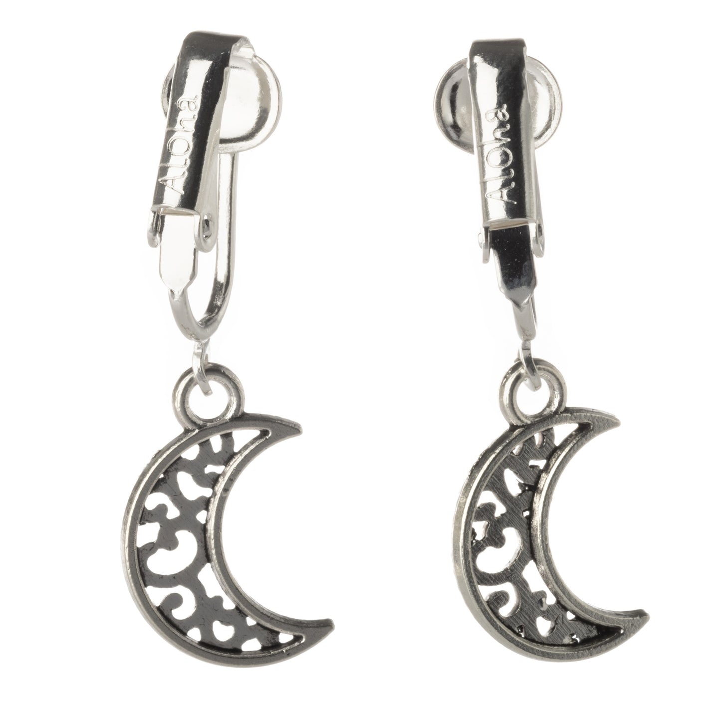 Silver Celtic Moon Clip On Dangling Earrings