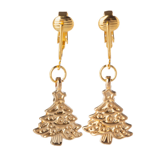 Gold Christmas Tree Clip On Dangling Earrings