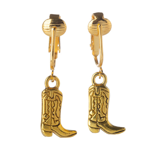 Gold Cowboy Boots Clip On Dangling Earrings