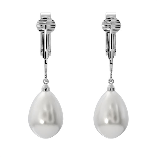 Silver Teardrop Shaped Simulated Freshwater Pearl Clip On Dangling Earrings