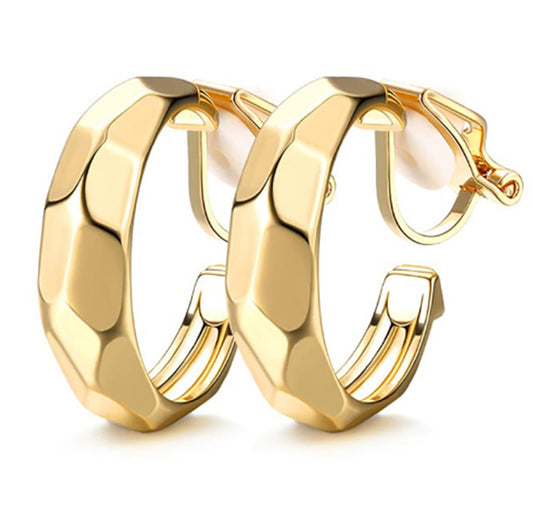 Gold Hammered Tapered Clip On Hoop Earrings